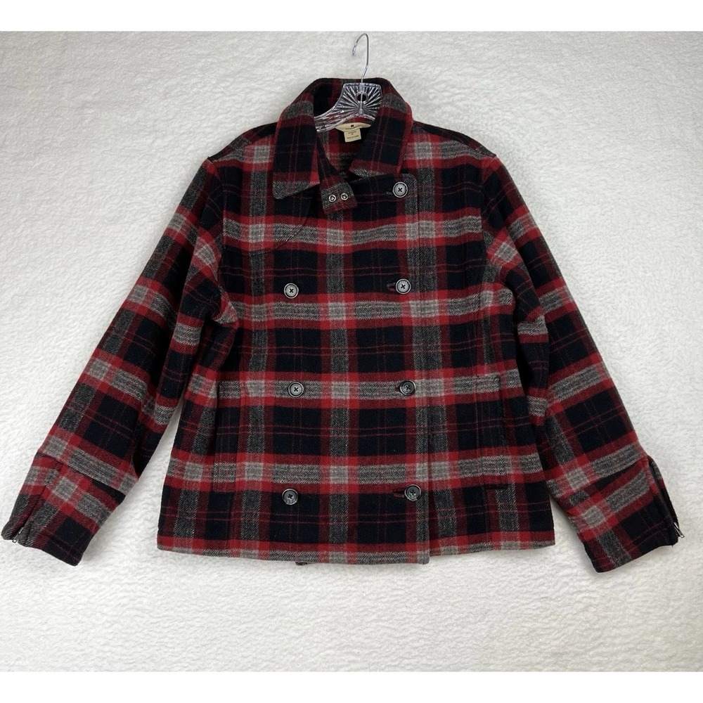 Woolrich Double Breasted Wool Blend Peacoat Red Black Plaid 15415 Women's Medium